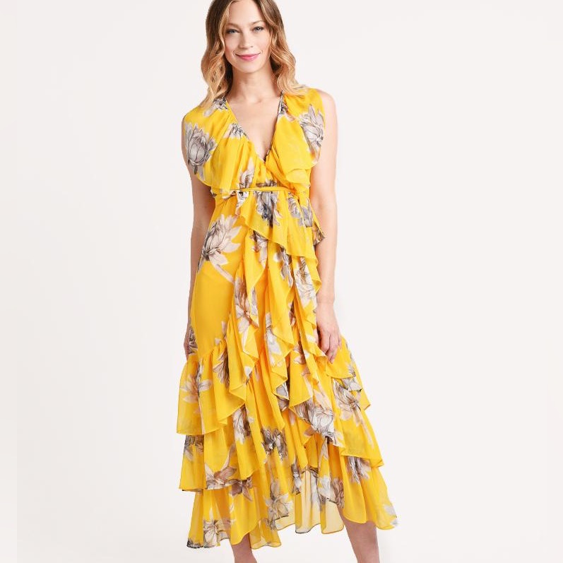 Misa Los Angeles Ilune Yellow Floral Wrap Dress Medium